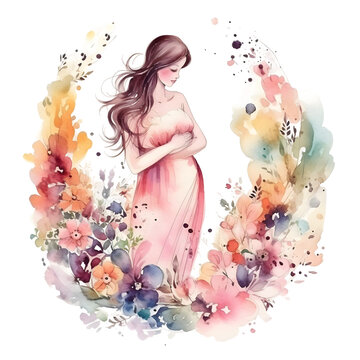recommend clip art: Cartoon watercolor pregnant woman with colorful paint splash on a transparent background