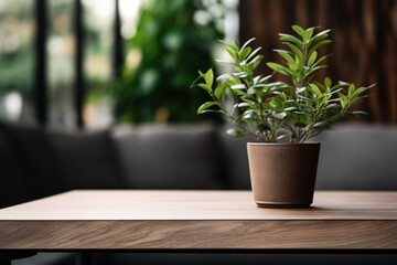 Wooden and minimalist empty coffee table close-up, the interior of a modern urban coffee shop with a hint of natural elements and greenery, ready for a promotion of a calm and relaxed  experience.
