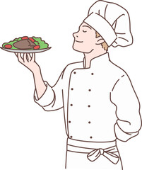 Illustration of chef characters holding food and smelling. Hand drawn style.