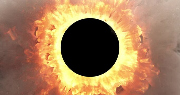 Dynamic fire and smoke blast animation centered around a black circle for logos, with alpha channel for easy integration.