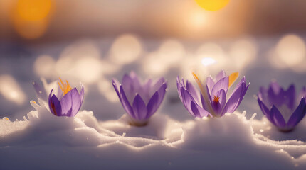 Crocuses in the snow in early spring at sunset
