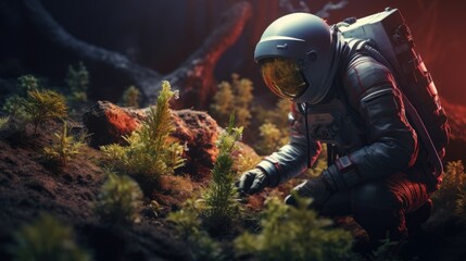 An astronaut exploring and researching a variety of plants on other planet. Science fiction, Space - obrazy, fototapety, plakaty