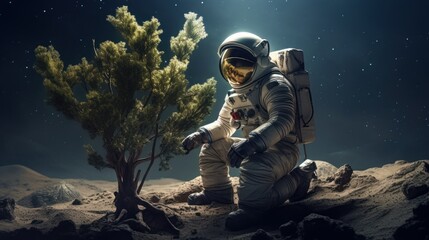 An astronaut plants a tree on moon. Science fiction, Space exploration - obrazy, fototapety, plakaty