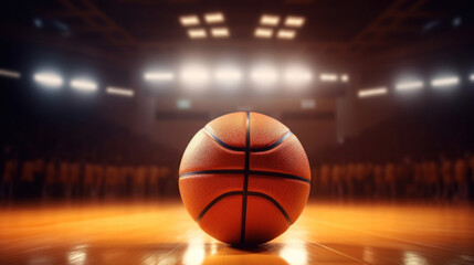 Basketball ball on the floor of a basketball court.