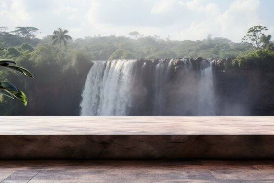 Empty stone floor on nature background with waterfall, free space for product display