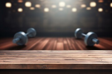 Empty wooden table top on blurred gym background. Can be used for display your product