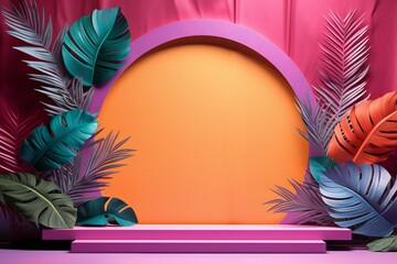 Podium stage with colorful tropical leaves
