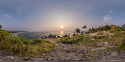 360 hdri panorama with coconut trees on ocean coast on mountain in equirectangular spherical...