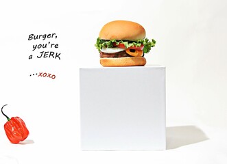 Hot pepper talking to a Jerk Burger