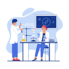 Professional scientists researchers working and analysis in laboratory experiment. Vector flat illustration