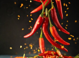 Falling red hot chili peppers isolated on black background