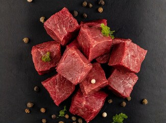 Meat cubes isolated on black background, closeup photography