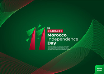Morocco independence day curve flag background with 11st january logotype.