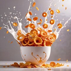 Corn flakes breakfast cereal with fresh milk, dynamic splash food photography
