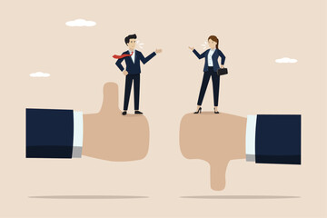 Customer feedback or business decision making, opinion or service quality concept, thoughtful businessman team discussion thumbs up and thumbs down feedback.