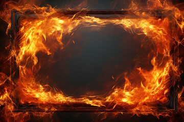 Generative AI Image of Empty Photo Frame with Hot Fire Flame on Black Background