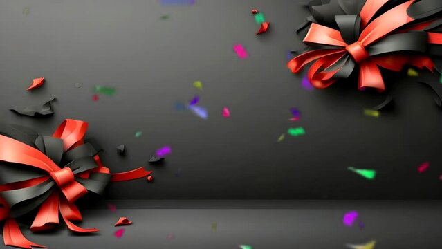 Abstract black background with elegant bow ribbon for festive celebration with free space. An animated overlay welcomes the celebration