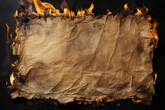 Generative AI Image of Empty Brown Paper with Hot Fire Flame on Black Background