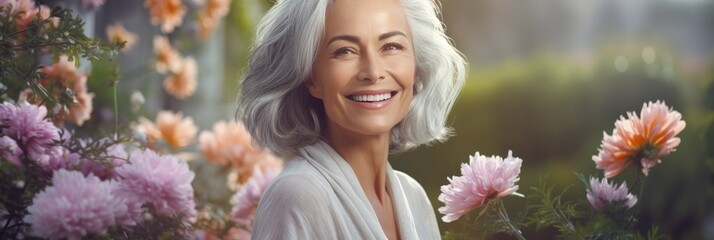 a smiling woman with grey hair posing by a flower garden, generative AI