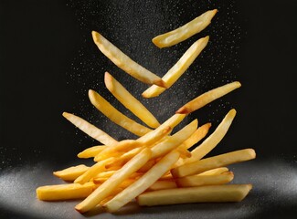 Falling french fries isolated on black background