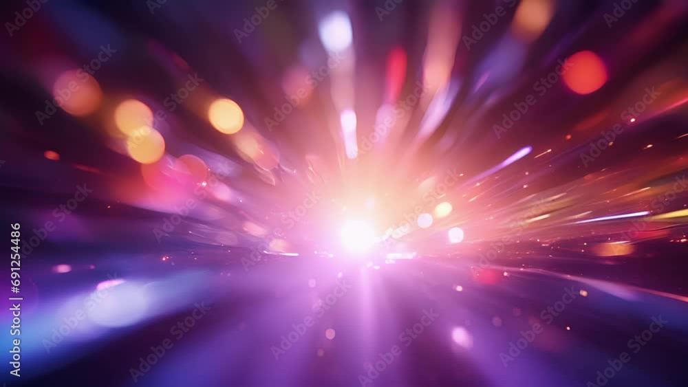 Poster closeup of the bright flash of light expanding and transforming into a colorful array of energy, sym