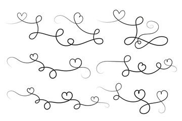 hand-drawn thin line heart swirl ornate, wavy line decorative hearts, calligraphy heart swirl Flourish ornament, outline doodle love Valentine Day design elements, continuous line swirl hearts