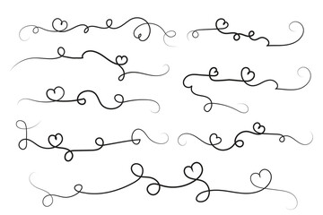 hand-drawn thin line heart swirl ornate, wavy line decorative hearts, calligraphy heart swirl Flourish ornament, outline doodle love Valentine Day design elements, continuous line swirl hearts