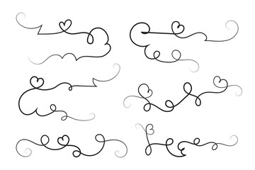 Obraz premium hand-drawn thin line heart swirl ornate, wavy line decorative hearts, calligraphy heart swirl Flourish ornament, outline doodle love Valentine Day design elements, continuous line swirl hearts