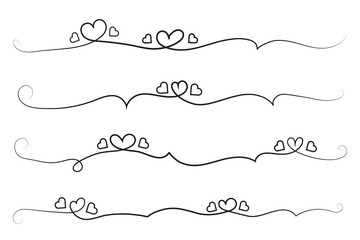 Obraz premium hand-drawn thin line heart swirl ornate, wavy line decorative hearts, calligraphy heart swirl Flourish ornament, outline doodle love Valentine Day design elements, continuous line swirl hearts