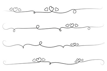 hand-drawn thin line heart swirl ornate, wavy line decorative hearts, calligraphy heart swirl Flourish ornament, outline doodle love Valentine Day design elements, continuous line swirl hearts - obrazy, fototapety, plakaty