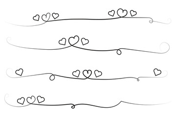 hand-drawn thin line heart swirl ornate, wavy line decorative hearts, calligraphy heart swirl Flourish ornament, outline doodle love Valentine Day design elements, continuous line swirl hearts - obrazy, fototapety, plakaty