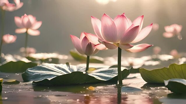 Closeup shots lotus flowers blooming shallow waters monsoonflooded lake, stunning display natures resilience.