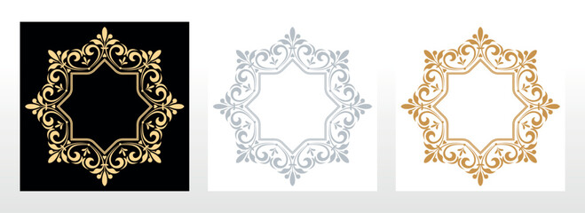 Set of decorative frames Elegant vector element for design in Eastern style, place for text. Floral black, gold and gray borders. Lace illustration for invitations and greeting cards