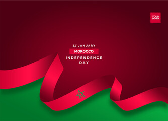 Morocco independence day curve flag background with 11st january logotype. - obrazy, fototapety, plakaty