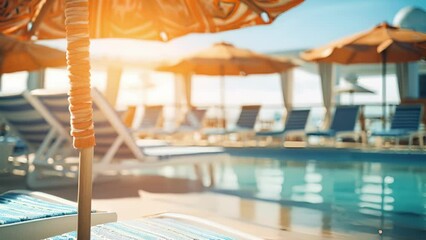 Closeup of a shimmering swimming pool on the cruise ship, with lounge chairs and umbrellas arranged around it for ultimate relaxation.