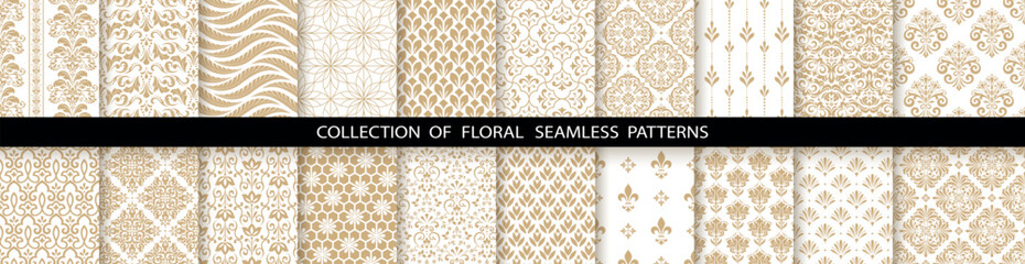 Geometric floral set of seamless patterns. White and gold vector backgrounds. Damask graphic ornaments