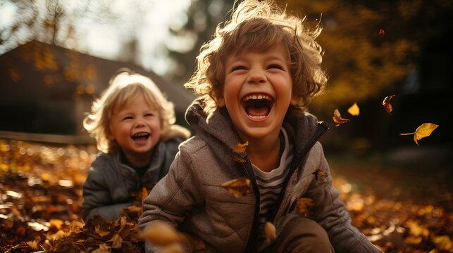 two little boys frolicking wildly in an autumnal pile of leaves. they laugh, the leaves glow golden. a sunny autumn day in october. natural, diffuse sunlight. movement. generative AI