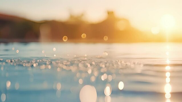 Tranquil closeup of water droplets on the infinity pool edge, capturing the tranquil ambiance of a sunset swim.