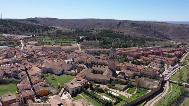 El Burgo de Osma medieval town aerial view in Castille and Leon Spain with blue sky on a sunny day