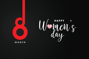 Happy womens day 8th march greeting or wishing card black color background with heart banner, poster design vector illustration
