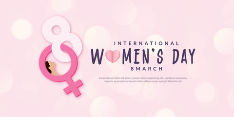 international womens day with symbol 8th march greeting or wishing card pink color bokeh effect background banner, poster design vector illustration