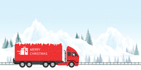 Santa driving red Christmas Delivery Truck on winter mountains.