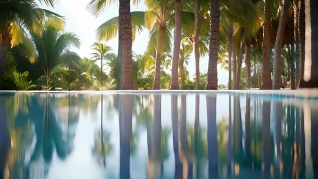 Closeup of the mirrored reflection of a row of palm trees on the pools surface, adding a tropical and exotic vibe to the scene.