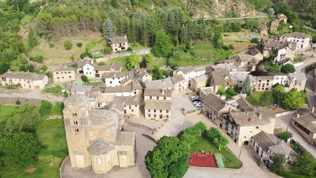 Aerial view of landscape of spanish village of Santa Cruz de la Seros on sunny day. Spain. High quality 4k footage