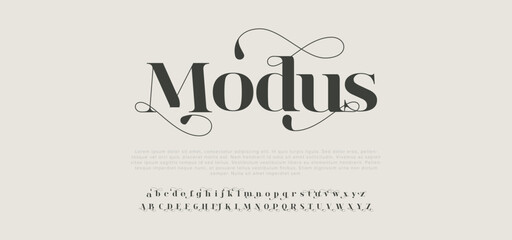 Fototapeta na wymiar Modus Elegant alphabet letters font and number. Classic Lettering Minimal Fashion Designs. Typography modern serif fonts regular decorative vintage concept.