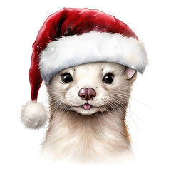 White Weasel Wearing Santa Hat For Christmas Event. Watercolor Style. AI Generated