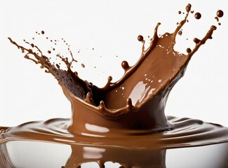Chocolate splash isolated on white background, chocolate milk, brown liquid, paint pouring.