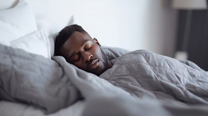 African-American man sleeps under warm plaid on soft bed at home closeup. Handsome black guy dreams lying on pillows in cozy bedroom. Young man naps comfortably in semi dark hotel room