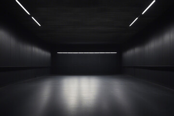a dark hall with spotlights