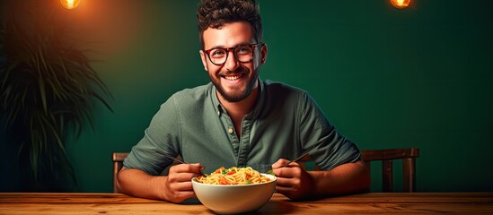 Attractive individual enjoying quick noodles in the kitchen. - obrazy, fototapety, plakaty
